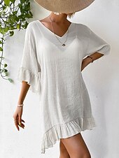 cheap Beach Dresses-Women&#039;s Beach Dresses Mini Dress Backless Ruffle Hem Vacation Beach Streetwear Basic V Neck 3/4 Length Sleeve Black White Color