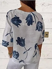 billige Skjorter-Dame Skjorte Skjorter i bomullslin Knapp opp Bluse Blomstret Fritid 3/4 ermer V-hals Vanlige topper Feriereise Daglig Knapper Trykt mønster Hvit Gul Rød Blå Vår sommer