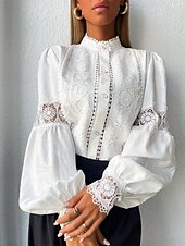 voordelige Elegante topjes-Overhemd Blouse Dames Wit Effen Kant nappi Straat Dagelijks Modieus Normale pasvorm Lantaarn mouw S