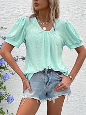 billige Blonder topper-Dame Bluse Elegant Bohem Kortermet Crew-hals Feriereise Daglig Ut på byen knyttede Hvit Rosa Militærgrønn Grønn Sommer