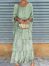 billiga Eleganta blommiga klänningar-dam chiffongklänning blommigt volangtryck maxiklänning elegant bröllopsfest 3/4 lång ärm sommar
