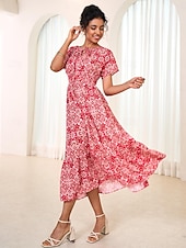 abordables Robes de vacances-robe longue en mousseline de soie à fleurs et feuilles pour femmes, col noué, manches courtes, été