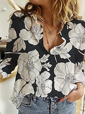 abordables Camisas-Mujer Camisa Camisas de algodón y lino Abotonar Blusa Floral Casual Manga Larga Cuello Camisero Tops regulares Vacaciones Diario Botones Estampado Negro Azul Piscina Verde Trébol Primavera verano