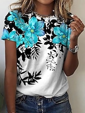 cheap Floral tee-Women&#039;s T Shirt Floral Fashion Short Sleeve Round Neck Regular Tops Vacation Weekend Print Pink Blue Gray Light Blue Summer
