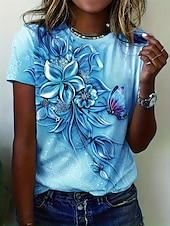 cheap Floral tee-Women&#039;s T-shirt Floral Crew Neck Short Sleeve 3D Butterfly Print Elegant Casual Wear Spring Summer Comfort Fit Purple Multisize Fashion Top