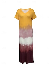 billige Uformelle blomsterkjoler-kvinners fritidskjole t-skjortekjole t-skjorte tie dye lommetrykk v-hals lang kjole maxikjole stilig uformell daglig date kortermet sommer