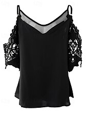 preiswerte Basic-Damenoberteile-Hemd Bluse Damen Schwarz Einfach Spitze Kalter Schulter-Schnitt Straße Täglich Mode V Ausschnitt Normale Passform S