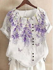 abordables Chemises-Femmes Chemise Chemises inspirées du lin Chemisier Fleuri Occasionnel Manche Courte Col ras du cou Hauts Réguliers Vacances Quotidien Imprimé Jaune Vert Claire Bleu Roi Bleu Violet Été