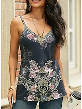 billiga Grafisk butik Tank tops &amp; Camis-Damernas linne topp tunika grund blommigt tryck ärmlös vanlig topp V-hals casual semester svart vin mörkblå grön
