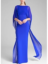abordables BLEU-Robe de soirée fourreau robe élégante invitée de mariage longueur de sol manches courtes col en bijou capes chiffon extensible avec châle 2025