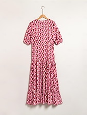 baratos vestido casual estampado-Mulheres Roupas de resort Vestido Longo Vestido Maxi Rosa Manga Curta Geométrico Com Cordão Primavera Verão Decote V férias na praia S M L