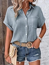 cheap Work Tops-Women&#039;s Blouse V-Neck Button-Up Textured Pattern Casual Short Sleeve Summer Top Faded Blue Regular Fit Lightweight Breathable