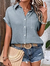 cheap Work Tops-Women&#039;s Blouse V-Neck Button-Up Textured Pattern Casual Short Sleeve Summer Top Faded Blue Regular Fit Lightweight Breathable
