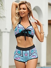 olcso Bikiniszettek-Női Szabályos Fürdőruha Bikini 2 darab Merész Fürdőruha Pánt Első nyakkendő Csokornyakkendő Magas derekú Csokor Divat Buli Virágos Színes Pántos Fürdőruhák