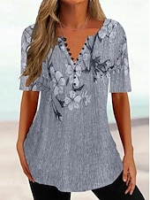 baratos Camiseta floral-Mulheres Camiseta Camisa Henley Floral Tunicas Básico Manga Curta Decote Redondo Tops regulares Feriado Final de semana Botões Imprimir Branco Amarelo Verde Claro Azul Verde