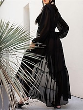 preiswerte Weiße Spitzenkleider-Damen Weißes Kleid Maxidress Chiffon mit Schnürung Gespleisst Verabredung Urlaub Brautkleider schlicht V Ausschnitt Langarm Schwarz Weiß Blau Farbe