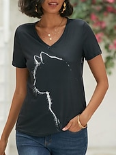 cheap Animals tee-Women's T shirt Tee Black Graphic Cat Print Short Sleeve Daily Weekend Basic V Neck Regular 3D Cat S