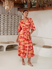 お買い得  プリントカジュアルドレス-女性用 ヘムマキシ マキシドレス ルビーレッド ハーフスリーブ シェーディング プリント 夏 Ｖネック ドレス バケーション S M L