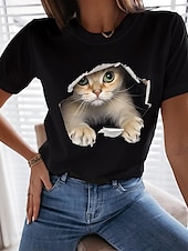 economico Maglietta Animali-Per donna maglietta Maglietta divertente Nero Bianco Pop art Gatto Stampa Manica corta Informale Giornaliero Essenziale Rotonda Standard 100% cotone Gatto 3D S