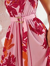 abordables robe décontractée imprimée-Femmes Robe Imprimée Robe maxi Rose Claire Sans manches Fleuri Style Floral Boucle Été Une Épaule Robes Vacances S M L