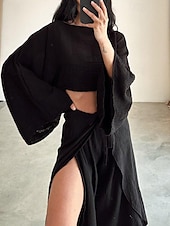 cheap Sets-Women&#039;s Fashion Shirt Two Piece Sets Pants Sets Pants Trousers Long Sleeve Round Neck Plain Ruffle Split Holiday Weekend Black Brown Beige Spring &amp; Summer Regular Fit