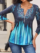 olcso Boho póló-Női Póló Plus Size Ing Póló Henley Ing Blúz Grafikai Alap 3/4 Hosszú Ujjú Kerek Nyakú Normál Felsők Köznapi Hétvégi Gombos Nyomtatás Rózsaszín Kék Zöld