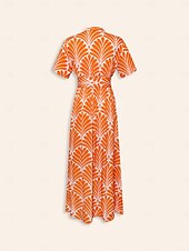 preiswerte Blumenkleider-Damen Midi-Kleid Maxikleid Orange Kurzarm Geometrisch Mit Gürtel Frühling &amp; Sommer V Ausschnitt Musterkleid S M L