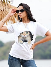 economico Maglietta Animali-Per donna maglietta Maglietta divertente Nero Bianco Pop art Gatto Stampa Manica corta Informale Giornaliero Essenziale Rotonda Standard 100% cotone Gatto 3D S
