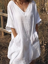 abordables Robes-Femmes Noir Blanche Rouge Été Printemps Robe Midi Robes inspirées du lin Robe Blanche Robe Chemise Basique Moderne Quotidien Week-end Coupe Ample Uni Col en V