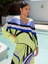 cheap Blouses &amp; Shirts-Satin V Neck Geometric Print Poncho Blouse