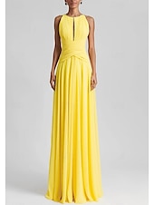 billiga GUL-Strandbröllop A-Line Aftonklänning Elegant Klänning Formell Bröllopsgäst Golvlängd Utan Ärmar Juvelhals Chiffon med Strass Glittrande Fållar