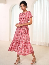 abordables Robes de vacances-robe longue en mousseline de soie à fleurs et feuilles pour femmes, col noué, manches courtes, été