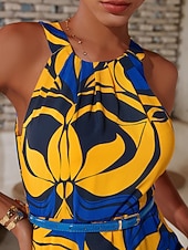 baratos Vestidos de Férias-Mulheres Vestido midi Vestido midi Amarelo Sem Manga Floral Com cinto Estampado Primavera Verão Gola Alta padrão Vestido S M L