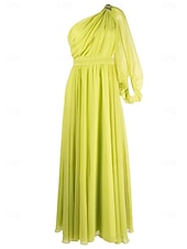 abordables JAUNE-Robe de soirée en A-Line robe élégante invitée de mariage formelle longueur au sol manches longues épaule dénudée ceinture  sash en satin avec fronces 2025