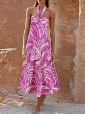 abordables Robes de vacances-Femme robe longue Robe casual Robe Évasée Robe Trapèze Robe d&#039;été mode Décontractées Vacances du quotidien Rendez-vous Standard Floral Feuille Sans Manches Dos nu Rouge Violet Orange Vert Eté