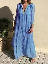 billige Uformelle blomsterkjoler-kvinners fritidskjole svingkjole blomsterprint v-hals lang kjole maxikjole tilfeldig boho daglig ferie langermet sommer