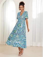 abordables Robes de vacances-robe midi bohème pour femme col en V manches courtes imprimé cachemire évasé été décontracté tissu léger et respirant coloré style bohème vacances vêtements de plage multicolore disponible en