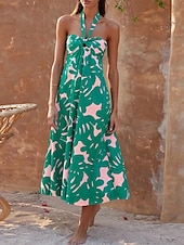 abordables Robes de vacances-Femme robe longue Robe casual Robe Évasée Robe Trapèze Robe d&#039;été mode Décontractées Vacances du quotidien Rendez-vous Standard Floral Feuille Sans Manches Dos nu Rouge Violet Orange Vert Eté