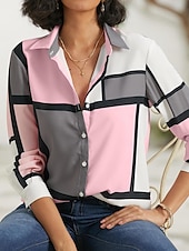 economico Top a Righe e Geometrici per Donne-Camicia Donna Moda Flanella Stampa Bottoni Maniche Lunghe Top Regolari Collo Camicia Casual Rosa Viola Primavera  Autunno