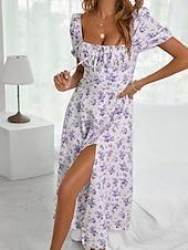 cheap Casual Floral Dresses-Women&#039;s Casual Dress Swing Dress Floral Split Print Square Neck Midi Dress Stylish Casual Daily Date Short Sleeve Summer