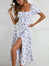 cheap Casual Floral Dresses-Women&#039;s Casual Dress Swing Dress Floral Split Print Square Neck Midi Dress Stylish Casual Daily Date Short Sleeve Summer