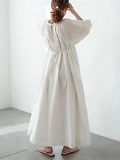 ieftine Rochii Albe Casual-Pentru femei Negru Alb Kaki Vară Primăvară Rochie Maxi Rochie albă Rochie din in bumbac De Bază Modern Zilnic Sfârșit de săptămână Potrivire Largă Simplu În V