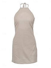abordables concevoir des robes en coton et lin-Femmes Marron Été Printemps Mini Robe Robes en coton et lin Robe Décontractée Robe à bretelles Basique Moderne Vacances Quotidien Week-end Coupe Ample Uni Col Halter