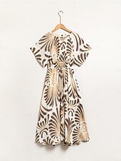abordables Robes de vacances-Femmes Robe Midi Robe Midi Marron Manche Courte Folk Ourlet irrégulier Printemps &amp; Été Col en V Robe à Motifs S M L