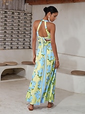 preiswerte Elegante Blumenkleider-Damen Neckholder-Kleid Kleid drucken Maxidress Gelb Blau Ärmellos Blumen / Pflanzen Rückenfrei Elastische Taille Print Sommer Halfterhals Urlaub XS S M