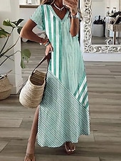 levne Dovolená šaty-dámské ležérní šaty proužek patchwork potisk v krku midi šaty elegantní stylové rande dovolená léto podzim