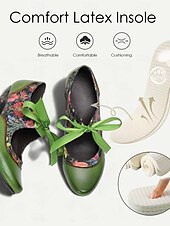 preiswerte Mary Jane Pumps-Women's Green Leather Mary Jane Heels with Floral Print, Ribbon Ties, and Retro Style - Perfect for Vintage-Themed Events and Daily Elegance