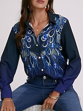economico Top d&#039;Arte e Design per Donne-Camicia Donna Basic Giornaliera Stampa Bottoni Maniche Lunghe Top Regolari Collo Camicia Casual Blu Verde Autunno  Inverno