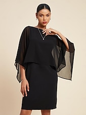 preiswerte Blumenkleider-Damen Chiffon Hochzeitsgast schwarzes Kleid lockeres Cape Minikleid figurbetontes Kleid