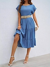 abordables Robes décontractées-Robe casual Femme Robe mi-longue Ruché Travail Vacances Décontractées Col Ras du Cou Manche Courte Ample Bleu S M L XL